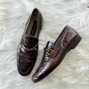 Cesare Paciotti Mens Vintage Croc Embossed Leather Loafers Brown Horsebit Luxury